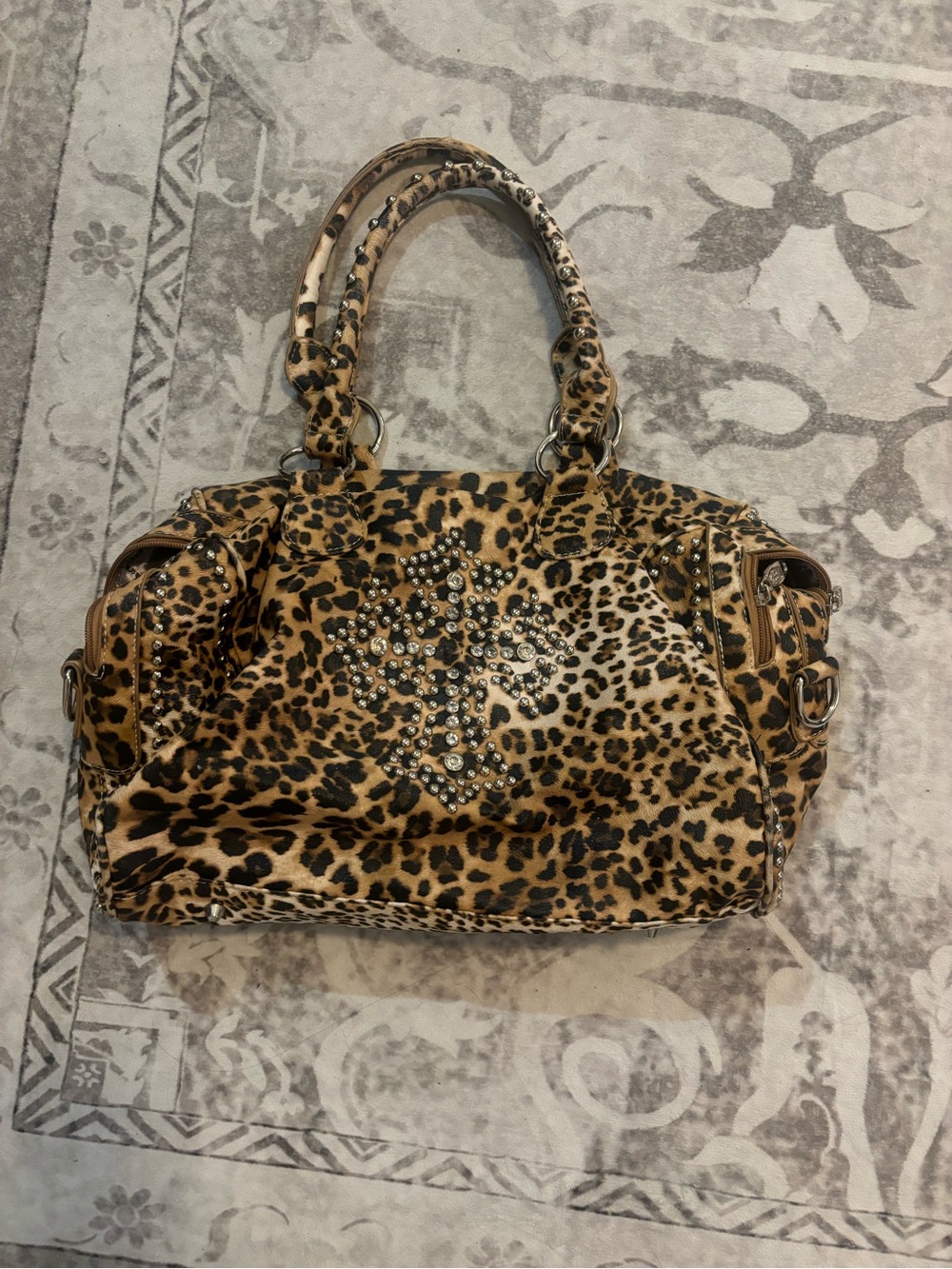 Leopard Print Y2K Cross Studded Satchel Handbag - Brown